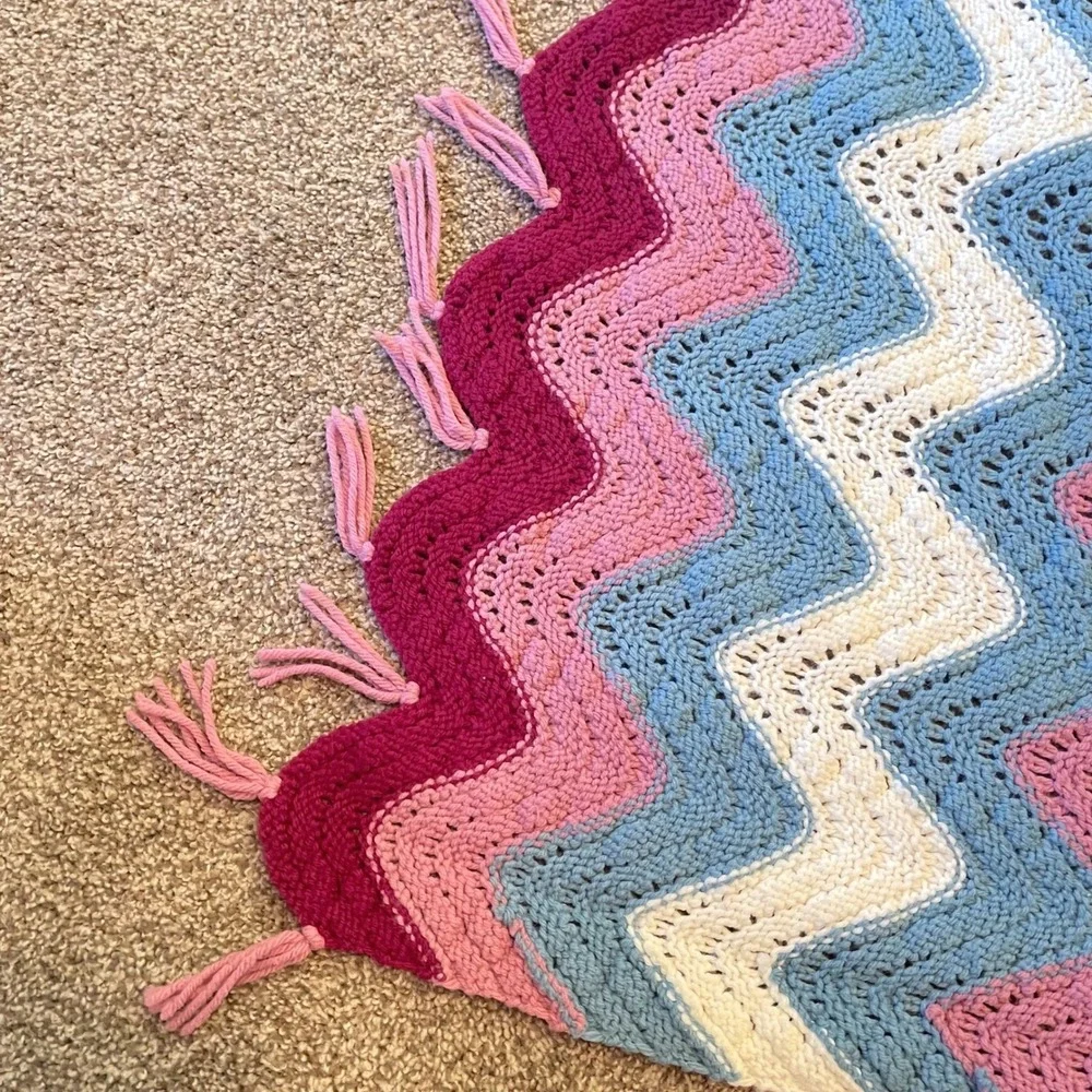 Handmade Granny Crocheted blue pink‎ Blanket boho cottagecore 70s afghan chevron